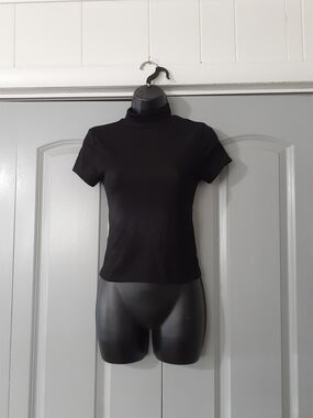 One Step Up Black Ribbed Short-Sleeve Mock Neck Top